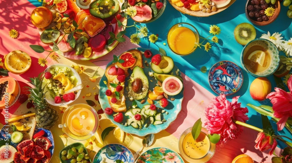 Fototapeta premium Vibrant brunch celebration bright tablecloth food collage floral atmosphere overhead view inviting avocado toast and coffee delight