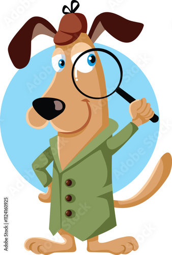 
Funny Detective Dog with Magnifying Glass Vector Character
Mascot sleuth checking for clues and prints 
