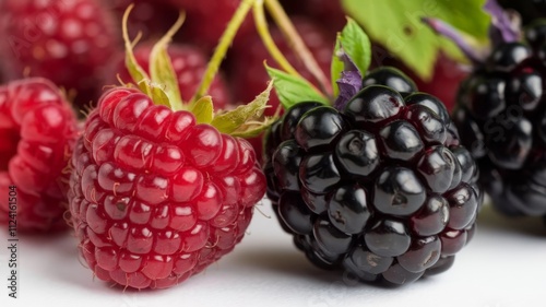 Raspberry and Blackberry Closeup on White Background