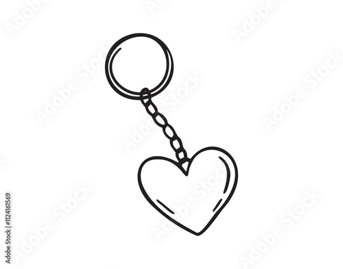 Keychain with love heart hand drawn doodle symbol, outline drawing keychain heart