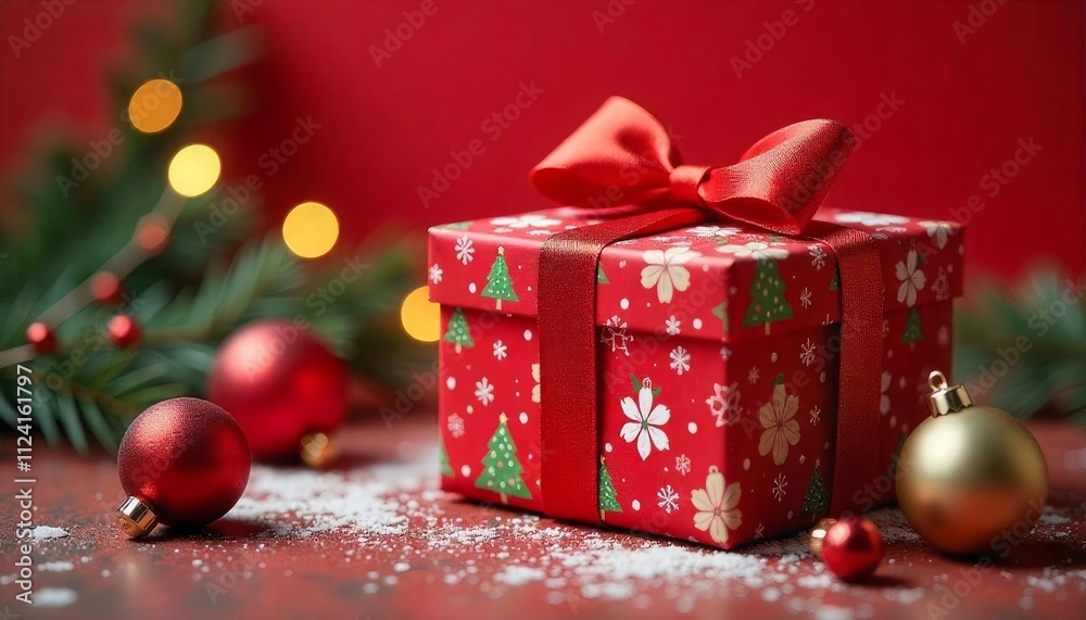 A red box with silver stars and a red box with a star on it, christmas gift box and decorations