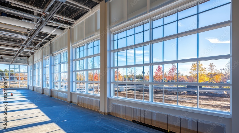Spacious interior with large windows showcasing autumn foliage. Ideal for showcasing new construction, real estate, or architecture. Spacious interior with large windows showcasing autumn foliage. Ideal for showcasing new construction, real estate, or architecture.