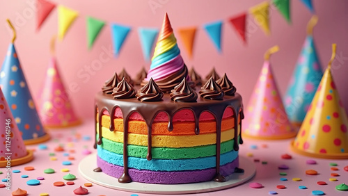 Colorful rainbow cake with chocolate drizzle and party decorations.