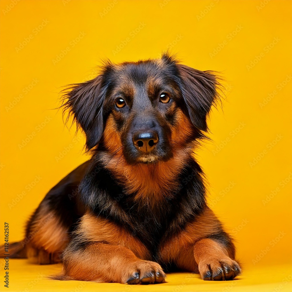 Black dog lying down, looking at the camera with a relaxed expression on a yellow background Black dog lying down, looking at the camera with a relaxed expression on a yellow background