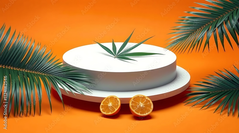 Obraz premium Fresh orange halves on a white pedestal with tropical palm leaves, vibrant citrus composition against a bright orange background, perfect for summer, health, and organic food concepts