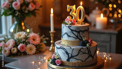 Elegant 30th birthday cake with floral decorations and golden accents.