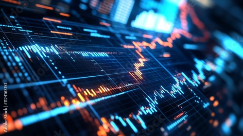 Futuristic digital dashboard displaying dynamic stock market data and financial charts with glowing lines and graphs.