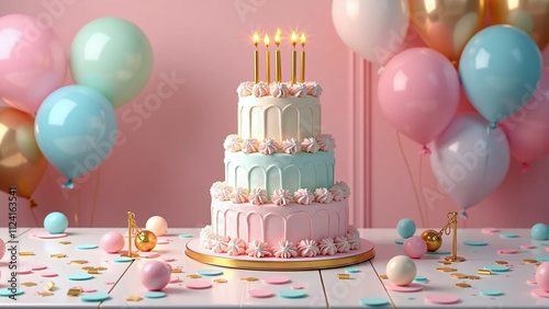 Pastel-themed birthday celebration with elegant cake and balloons.