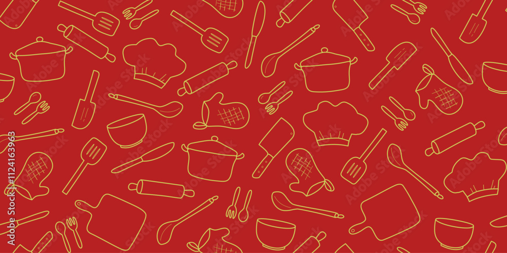 Cooking flat horizontal seamless pattern. Kitchen utensil and appliance cartoon texture. Food preparation Scandinavian illustration. Red kitchenware sketch clipart.