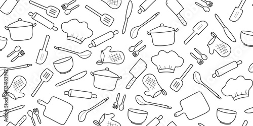 Cooking flat horizontal seamless pattern. Kitchen utensil and appliance cartoon texture. Black and white kitchenware sketch clipart.