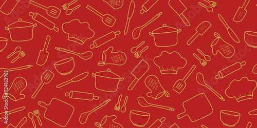 Cooking flat horizontal seamless pattern. Kitchen utensil and appliance cartoon texture. Food preparation Scandinavian illustration. Red kitchenware sketch clipart.