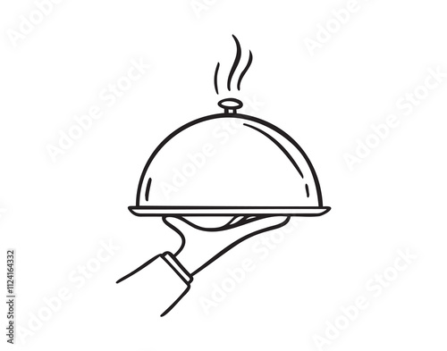 Waiter hand holding cloche serving plate doodle hand drawn icon. Outline drawing Waiter hand holding cloche serving plate line clipart symbol