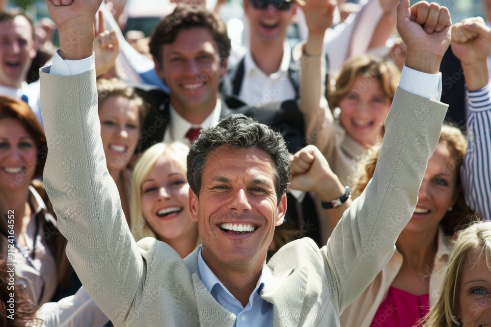 Portrait of happy businessman with arms raised and group of people in background