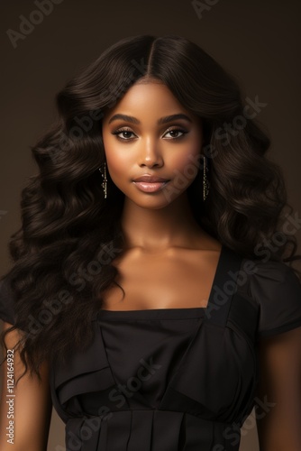 Glamorous portrait of an elegant african american woman in a black dress against mocha background