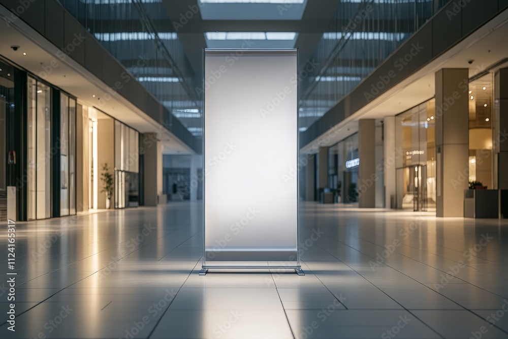 Blank lighted banner in modern shopping mall hallway Blank lighted banner in modern shopping mall hallway