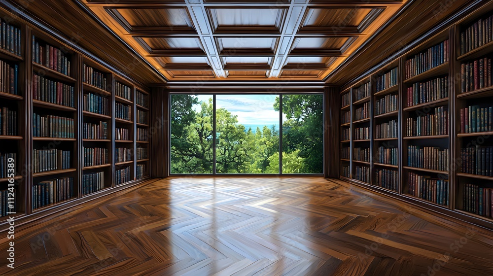 Naklejka premium Elegant Library with Wooden Bookshelves, Polished Herringbone Flooring, and a Panoramic Window Overlooking a Serene Forest Landscape in Natural Light