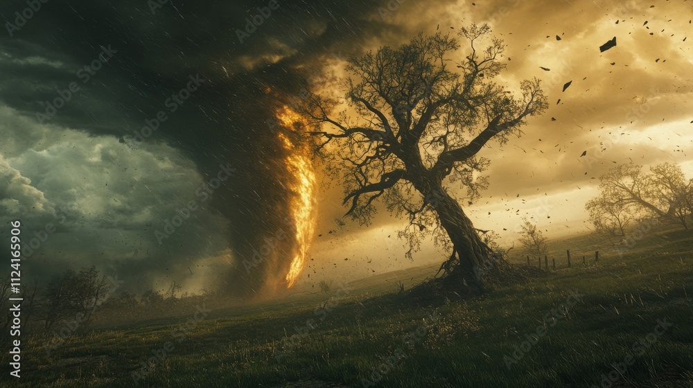 A tornado tearing through a prairie with a lone tree in the foreground, the tree's branches being ripped off by the wind A tornado tearing through a prairie with a lone tree in the foreground, the tree's branches being ripped off by the wind