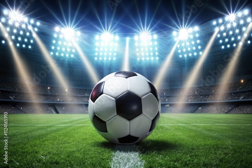 Soccer ball on the stadium field with lights in the background