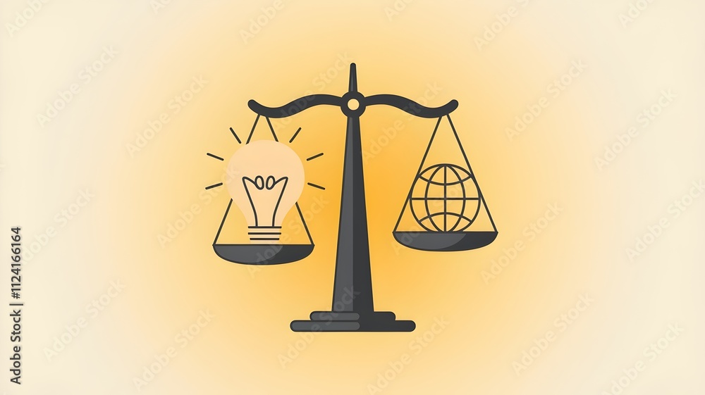 Scale icon with glowing light bulb and globe symbolizing balance and impact