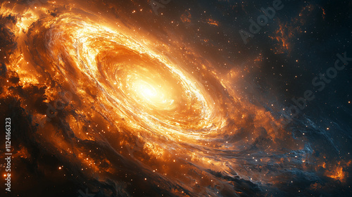 vibrant depiction of an orange galaxy with golden swirls enveloping a bright central star