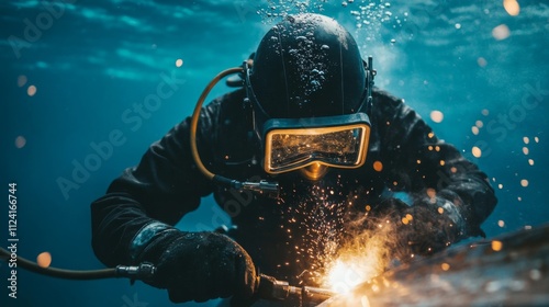 Underwater welding action ocean depths industrial process subaquatic environment close-up view skilled labor for seo impact