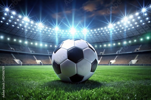 Soccer ball on the stadium field with lights in the background