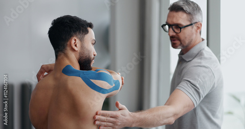 Bild auf Leinwand Physiotherapist, man and stretching with tape for recovery, injury and guide for health at clinic