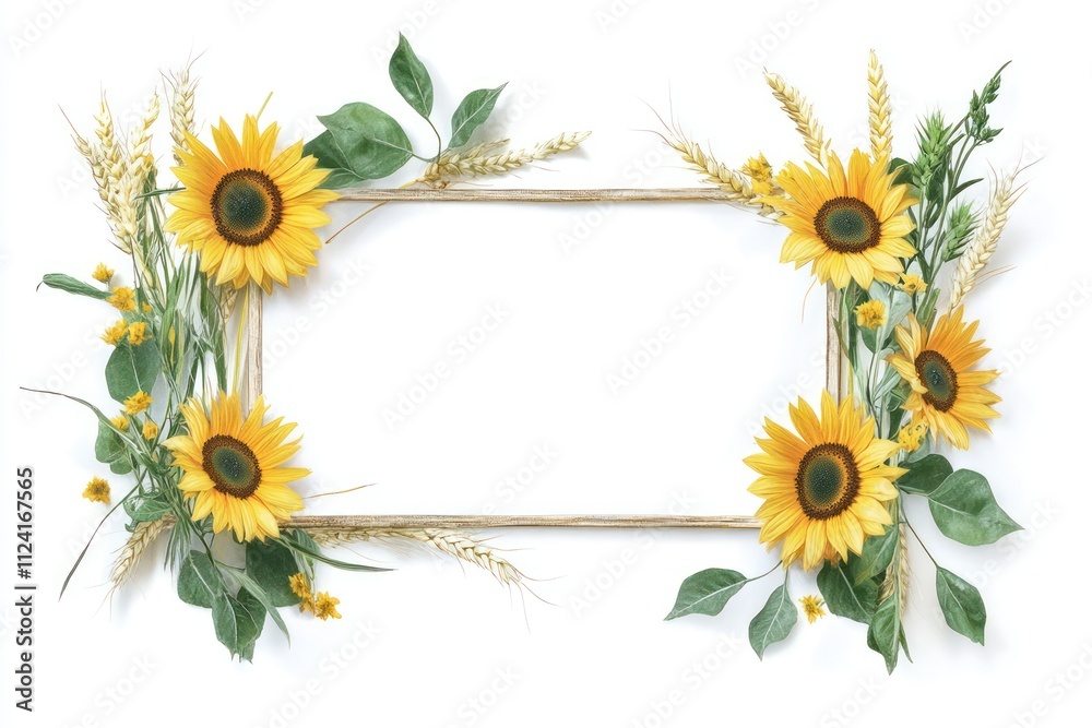 A rectangular frame with sunflowers, wheat stalks, and greenery, perfect for rustic wedding designs, isolated on white --ar 3:2 --v 6.1 Job ID: 6d4ff03a-ad63-4897-933d-13a8696d79d8 A rectangular frame with sunflowers, wheat stalks, and greenery, perfect for rustic wedding designs, isolated on white --ar 3:2 --v 6.1 Job ID: 6d4ff03a-ad63-4897-933d-13a8696d79d8