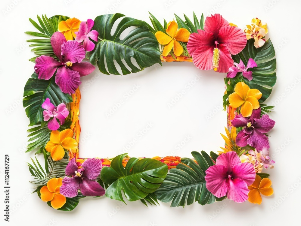 Fototapeta premium A rectangular tropical floral frame with vibrant hibiscus, orchids, and monstera leaves, colorful and lively, on a white background