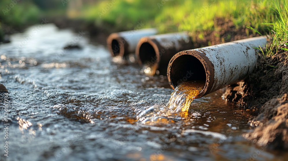 A corroded pipe releasing contaminated water into a polluted environment symbolizing industrial waste pollution environmental degradation and the urgent need for sustainable waste management solutions A corroded pipe releasing contaminated water into a polluted environment symbolizing industrial waste pollution environmental degradation and the urgent need for sustainable waste management solutions