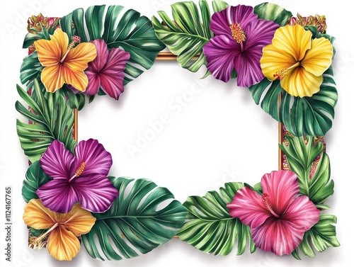 A rectangular tropical floral frame with vibrant hibiscus, orchids, and monstera leaves, colorful and lively, on a white background