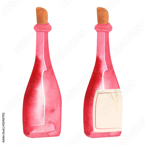 Two pink glass bottles of wine or martini. Alcohol bottle with blank label. Template. Feminine, girlish drink. Isolated watercolor illustration.