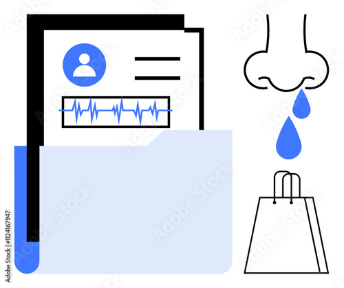 Medical file with profile and heart rate info, nose with water drops and shopping bag. Ideal for healthcare, wellness, e-commerce, personal health, diagnosis, medical records allergies. Line