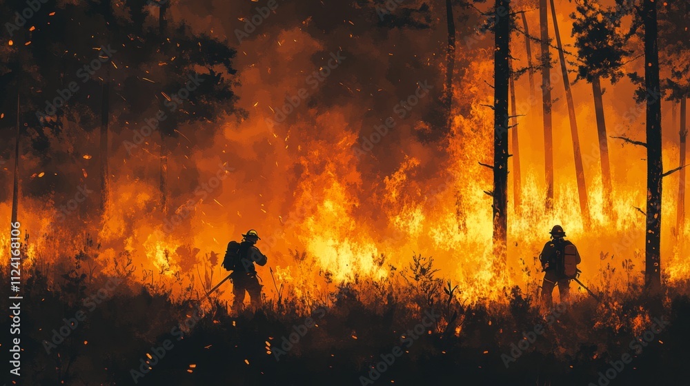 Fototapeta premium Firefighters combat wildfire in forested area action scene nighttime environment dramatic viewpoint wildfire awareness