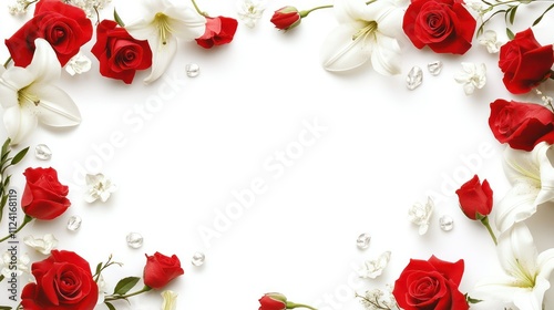 A red and white floral wedding frame featuring red roses and white lilies, classic and romantic, on a clean white background