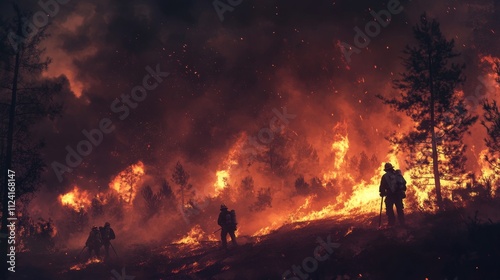 Firefighters battle wildfire forest area photo intense environment dramatic viewpoint environmental crisis awareness