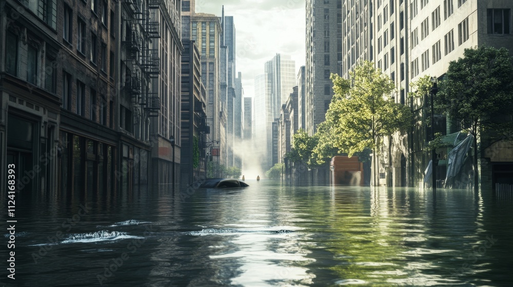 Flooded urban landscape depicting dystopian future city streets digital art post-apocalyptic wide angle climate change consequences Flooded urban landscape depicting dystopian future city streets digital art post-apocalyptic wide angle climate change consequences