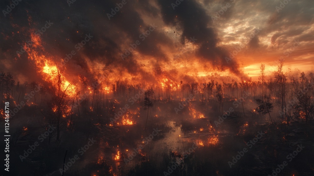 Devastating wildfire spreads across forested landscape at dusk climate crisis visualized aerial perspective urgent awareness needed