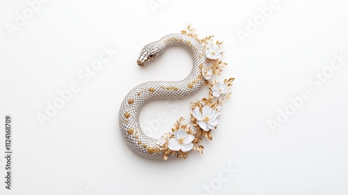 A stylized snake adorned with delicate flowers, creating a juxtaposition of elegance and nature against a minimalistic background.