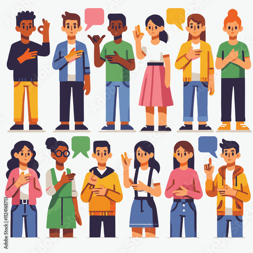 cartoon set of people using sign language in flat design