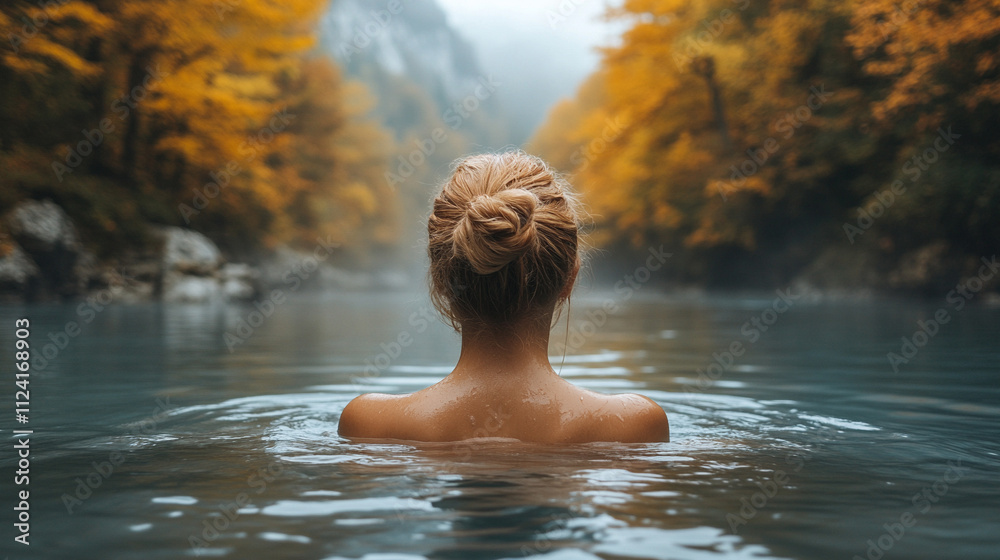 Back view of a serene woman relaxing in a steaming jacuzzi at sunset surrounded by nature evoking tranquility and escape symbolizes harmony rejuvenation self-care and connection with natural beauty Back view of a serene woman relaxing in a steaming jacuzzi at sunset surrounded by nature evoking tranquility and escape symbolizes harmony rejuvenation self-care and connection with natural beauty