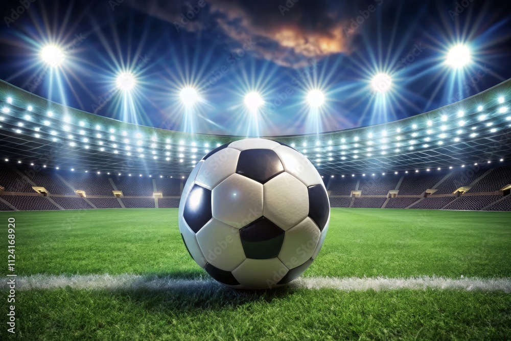 Fototapeta premium Soccer Ball in a Stadium with Lights