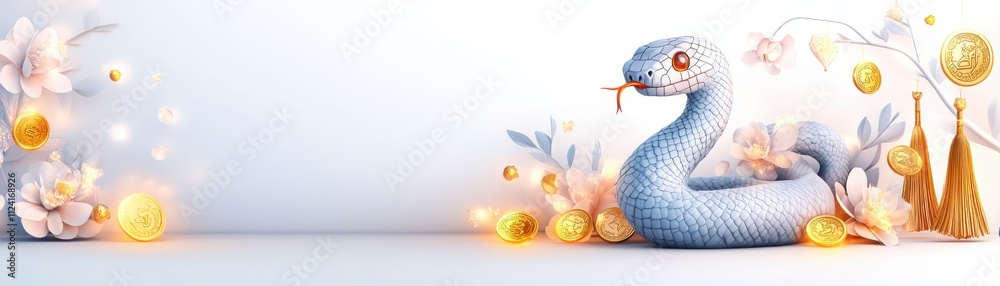 A serene, stylized blue snake surrounded by delicate flowers and golden accents, set against a soft, light background. A serene, stylized blue snake surrounded by delicate flowers and golden accents, set against a soft, light background.