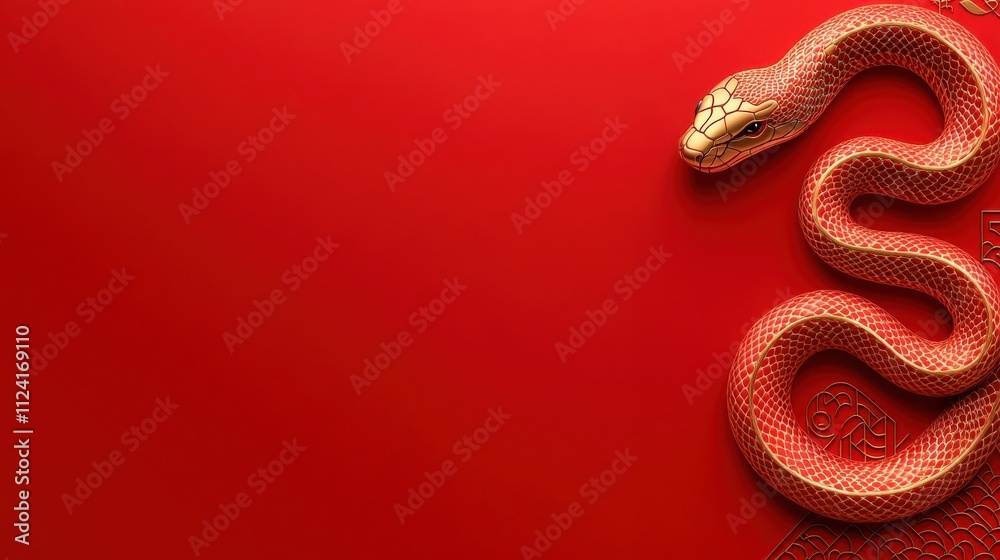 Obraz premium A vibrant red background features a gracefully coiled snake, showcasing its smooth scales and elegant form.