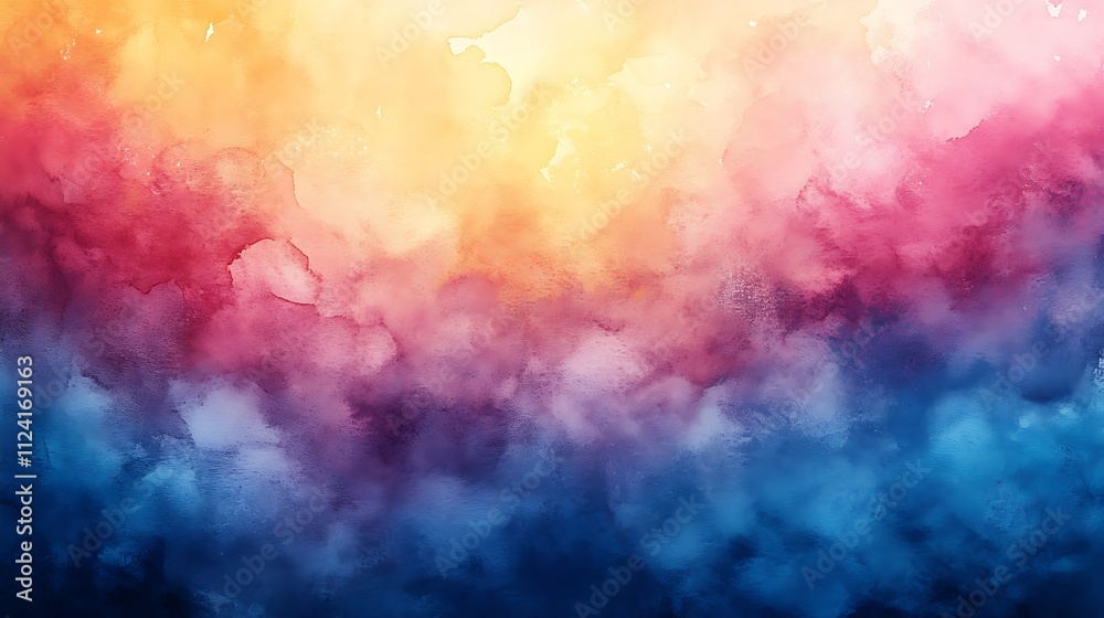 Fototapeta premium Abstract watercolor background with vibrant color gradient, transitioning from warm yellows and oranges at the top to cool blues and purples at the bottom, creating a dreamy, ethereal effect.