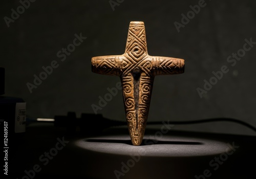 Ancient carved stone cross with tribal patterns against dark background photo