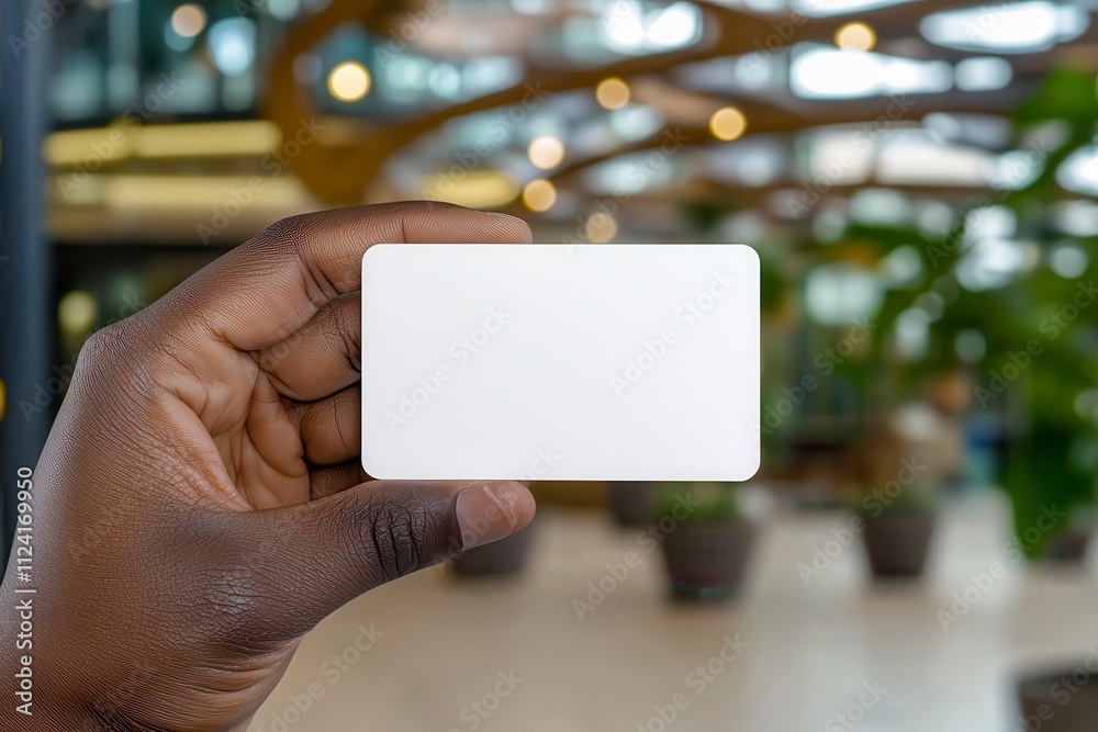 A person holds a blank white card in a modern, plant-filled indoor setting, emphasizing simplicity and minimalism. A person holds a blank white card in a modern, plant-filled indoor setting, emphasizing simplicity and minimalism.