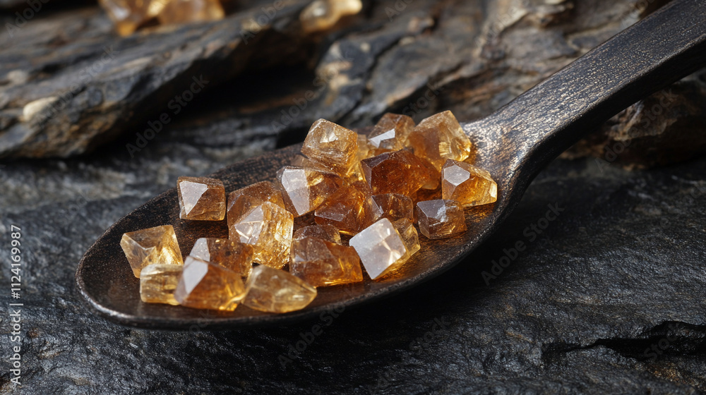 golden myrrh resin on a rustic wooden spoon, evoking spiritual symbolism, ancient rituals, healing properties, and timeless natural beauty under dramatic lighting and soft shadows golden myrrh resin on a rustic wooden spoon, evoking spiritual symbolism, ancient rituals, healing properties, and timeless natural beauty under dramatic lighting and soft shadows