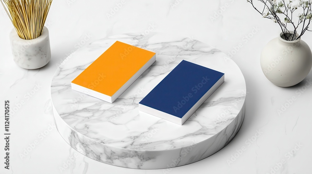 Two notebooks in vibrant orange and navy blue on a marble surface, accompanied by decorative vases and dried plants. Two notebooks in vibrant orange and navy blue on a marble surface, accompanied by decorative vases and dried plants.