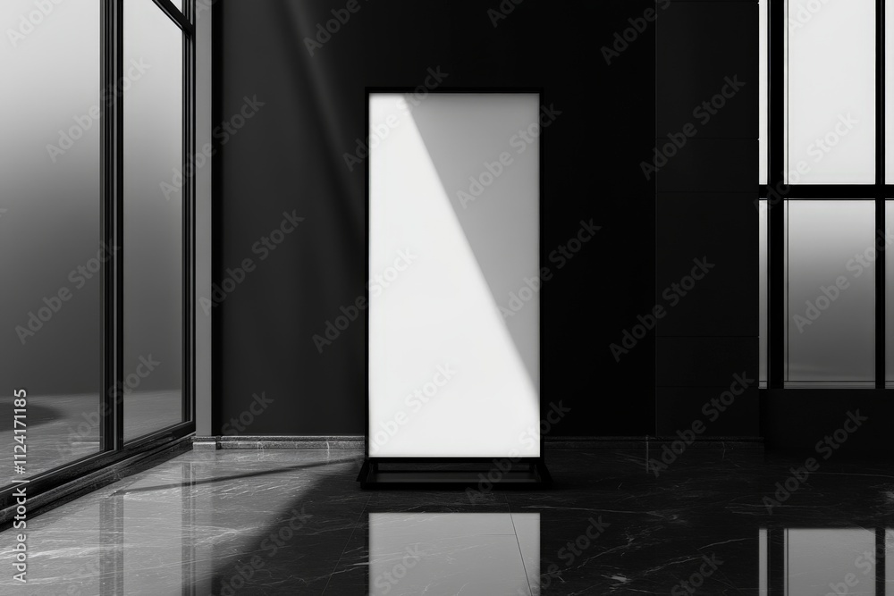 Minimalist modern interior with blank vertical frame in sunlit marble room